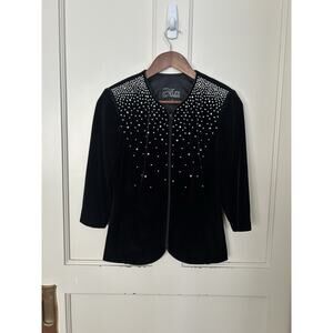 Alex Evenings Pearl Rhinestone Velvet Blazer Womens Size MP Black Classic Event